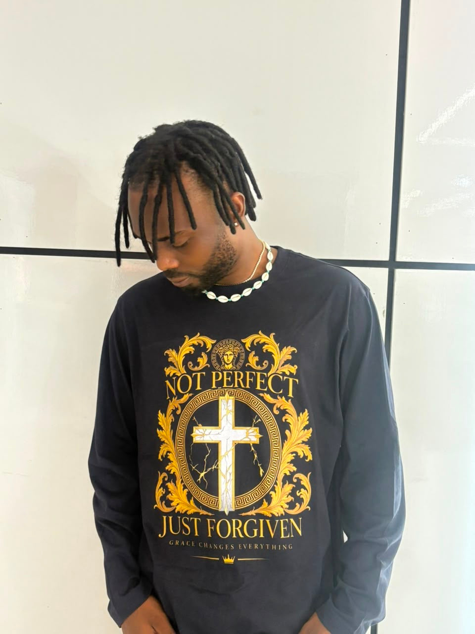 Navy Long Sleeve Crew Neck T Shirt- Not Perfect - Just Forgiven
