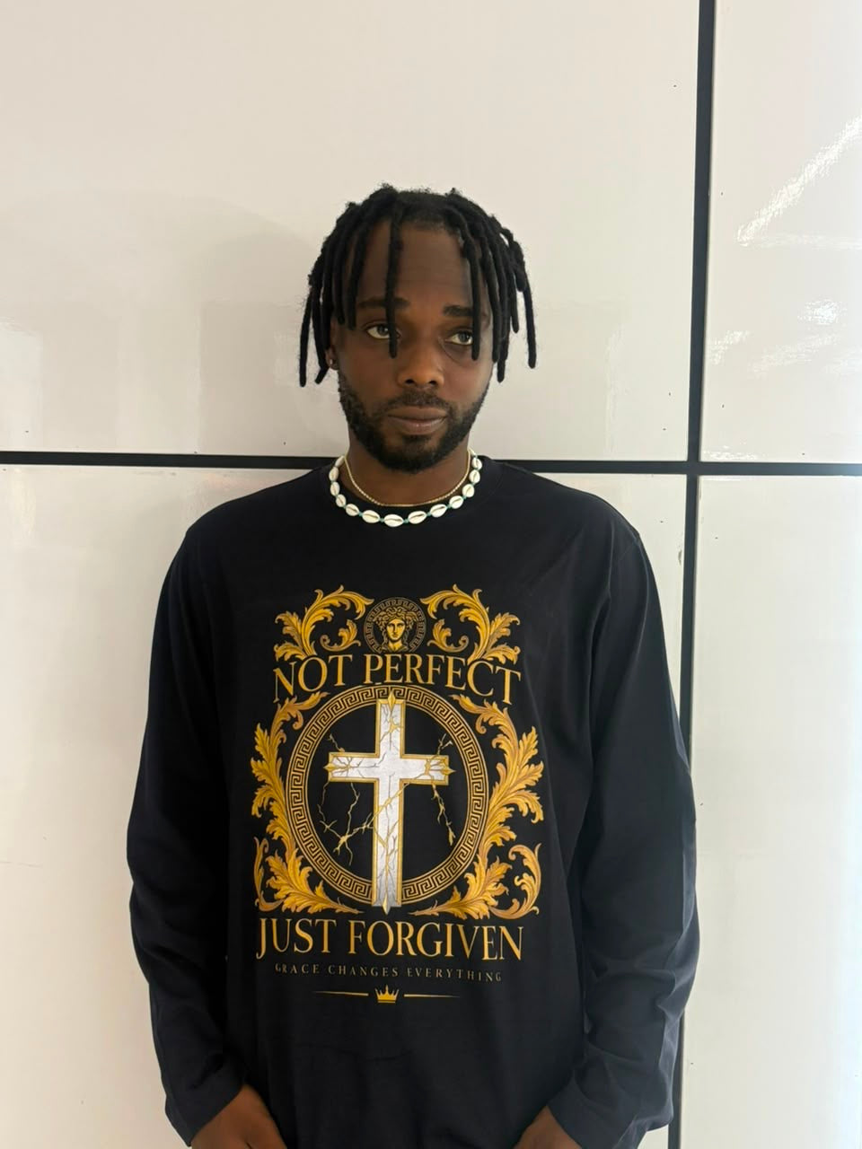 Navy Long Sleeve Crew Neck T Shirt- Not Perfect - Just Forgiven